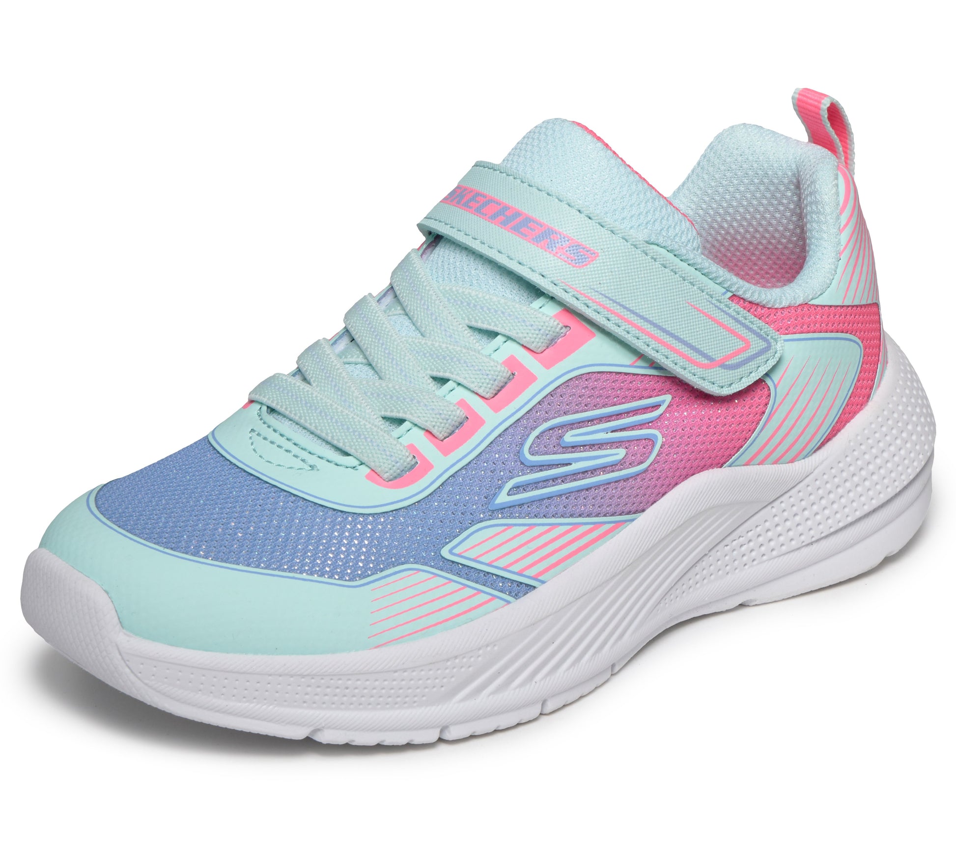 A girls trainer by Skechers, style Microspec Advance in aqua/multi with velcro strap and elastic laces and pink/blue ombre pattern with logo on side. Angled side view