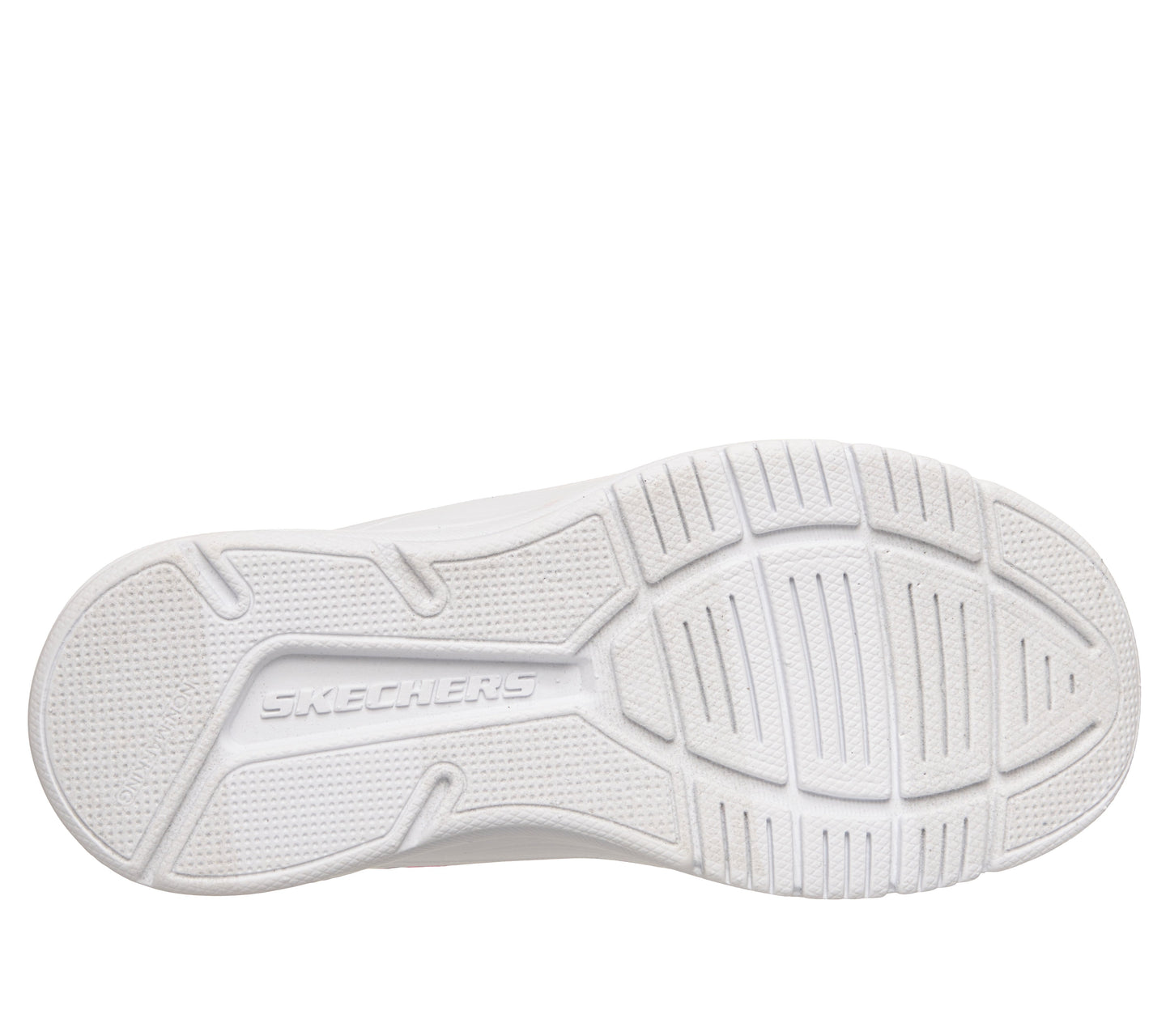 A girls trainer by Skechers, style Microspec Advance in aqua/multi with velcro strap and elastic laces and pink/blue ombre pattern with logo on side. View of white sole