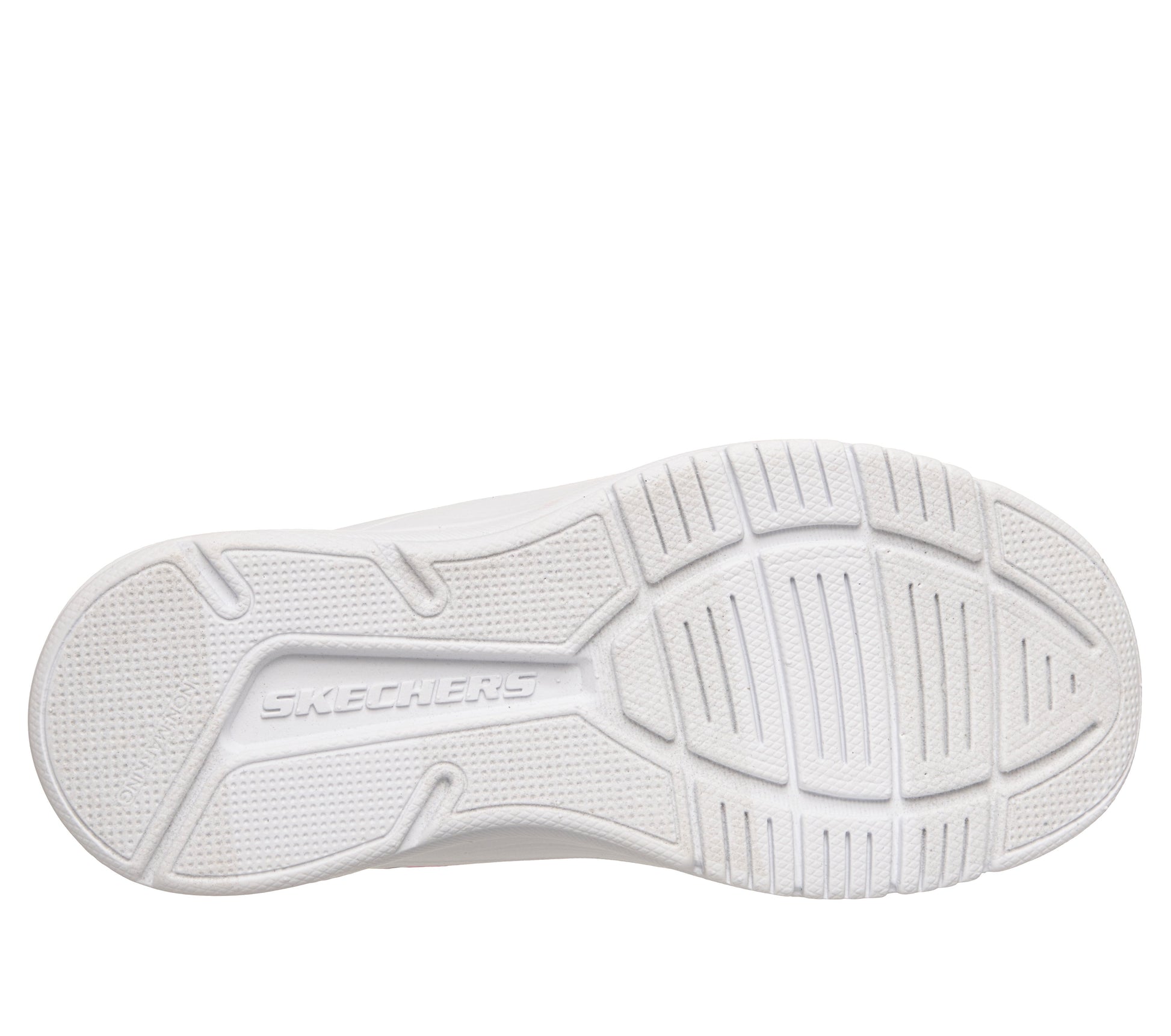 A girls trainer by Skechers, style Microspec Advance in aqua/multi with velcro strap and elastic laces and pink/blue ombre pattern with logo on side. View of white sole