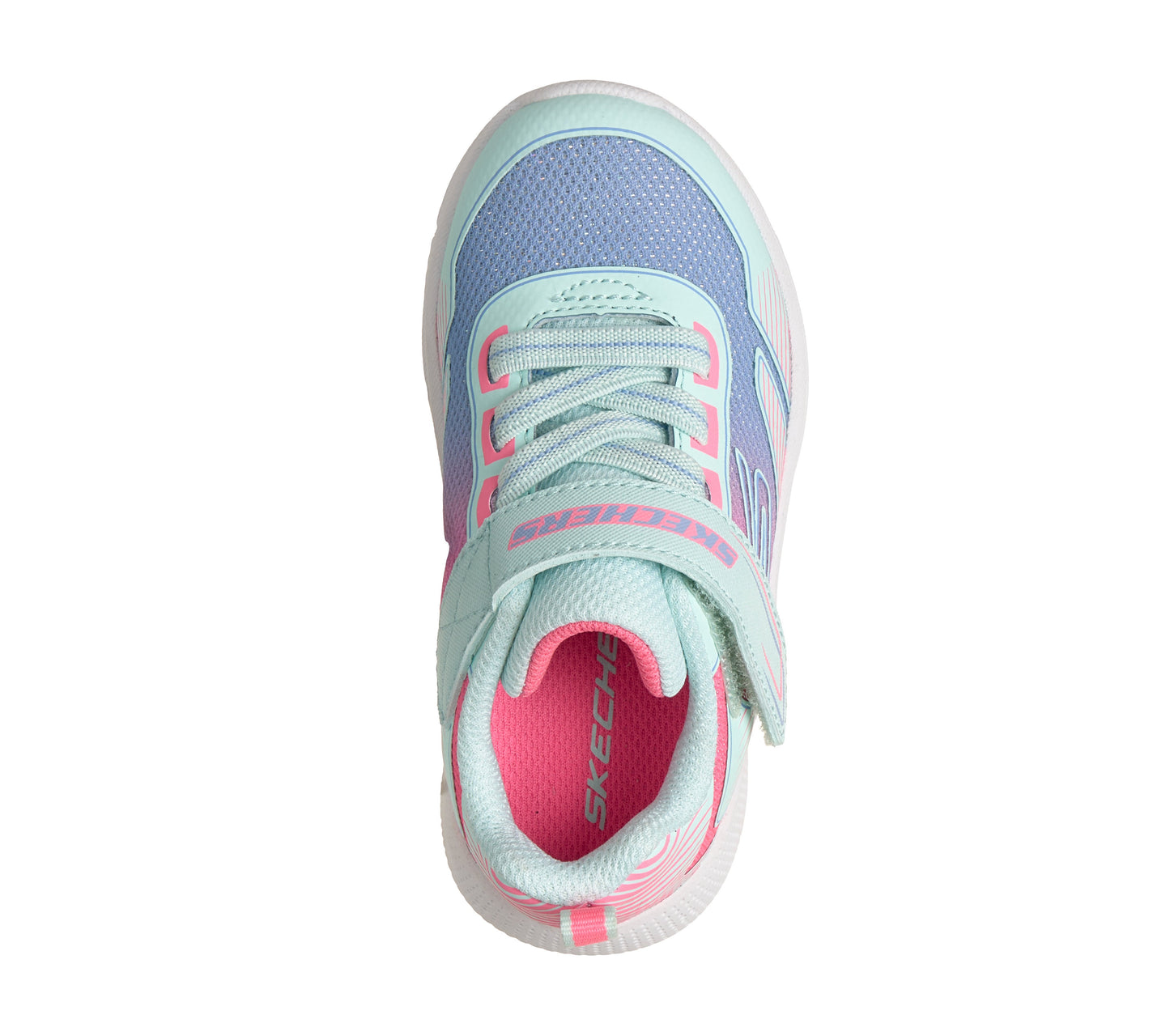 A girls trainer by Skechers, style Microspec Advance in aqua/multi with velcro strap and elastic laces and pink/blue ombre pattern with logo on side. Top view