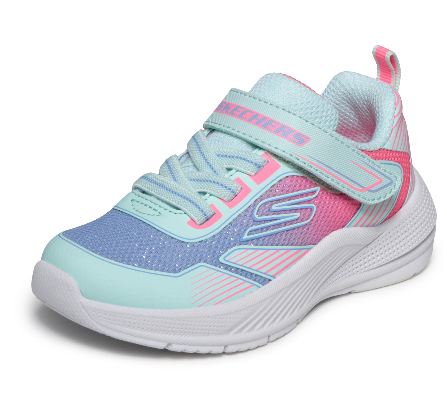 A girls trainer by Skechers, style Microspec Advance in aqua/multi with velcro strap and elastic laces and pink/blue ombre pattern with logo on side. Angled side view