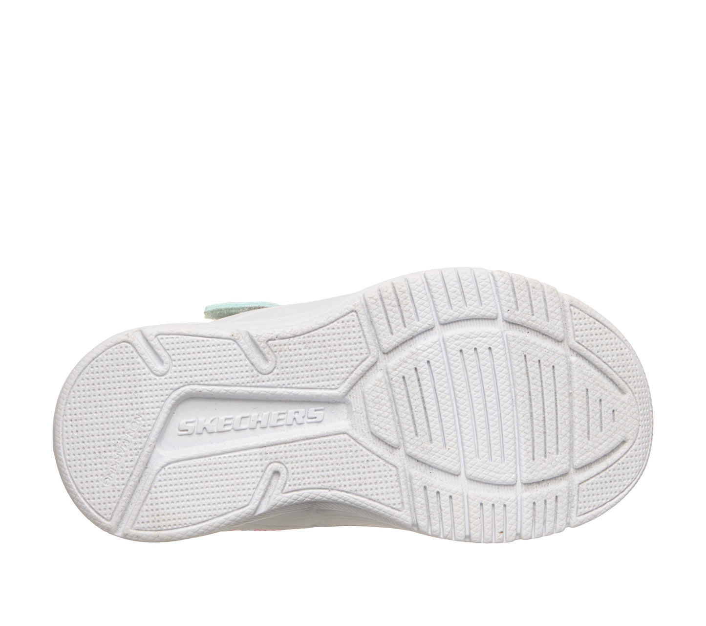 A girls trainer by Skechers, style Microspec Advance in aqua/multi with velcro strap and elastic laces and pink/blue ombre pattern with logo on side. View of white sole