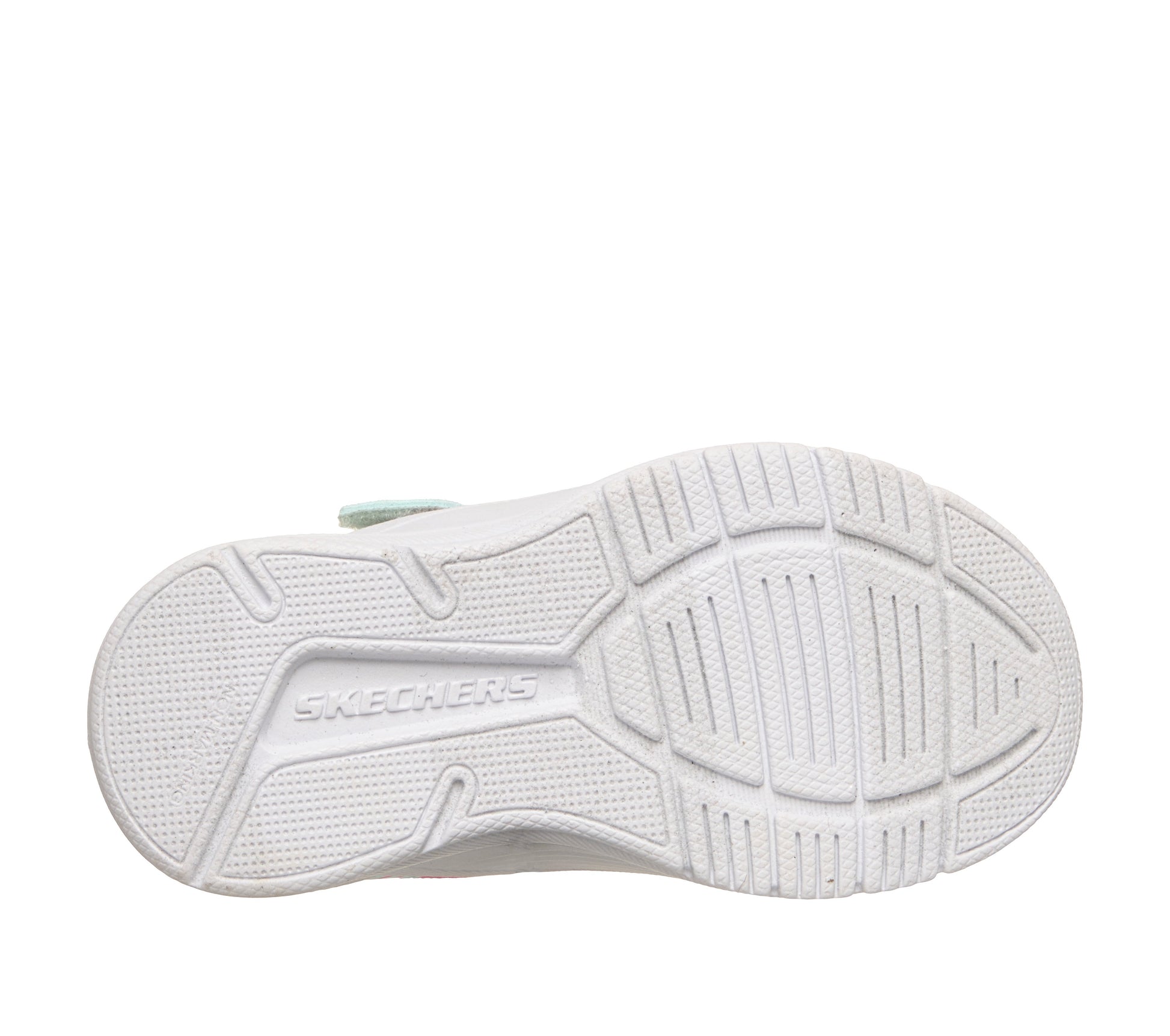 A girls trainer by Skechers, style Microspec Advance in aqua/multi with velcro strap and elastic laces and pink/blue ombre pattern with logo on side. View of white sole