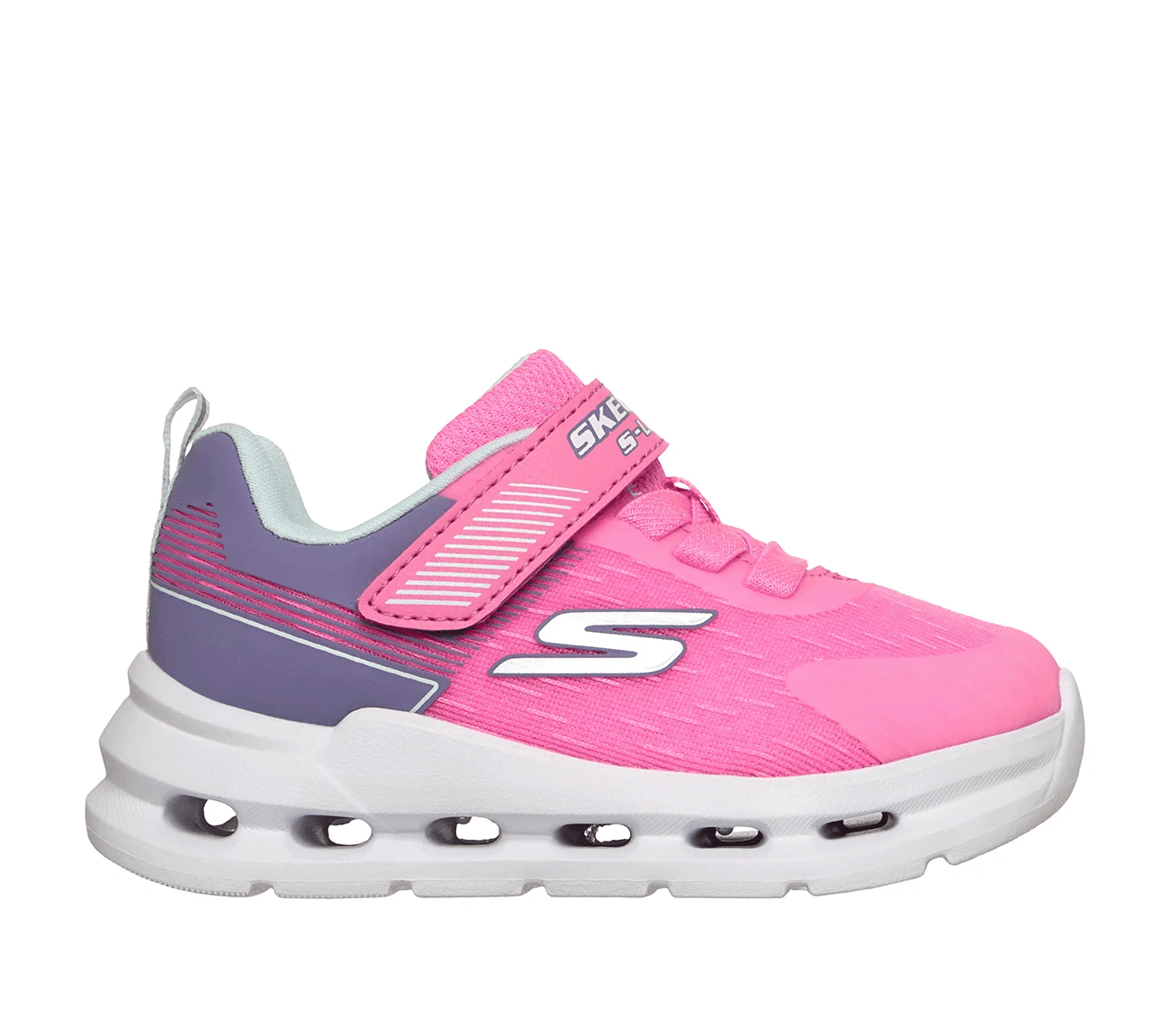 A girls trainer by Skechers, style Glide Step Lights, in pink/multi, with lights, elastic laces and velcro strap. Right side view