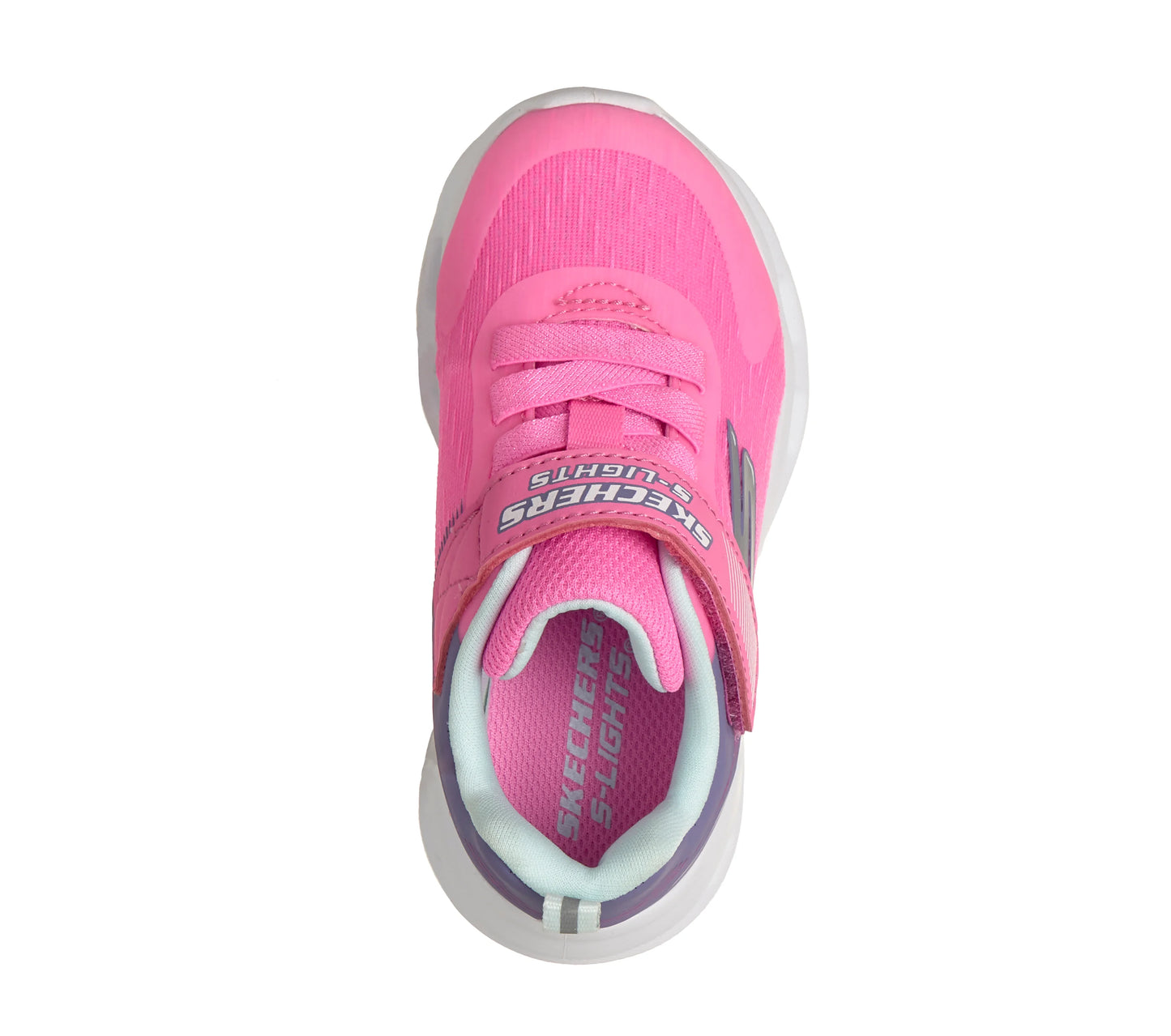 A girls trainer by Skechers, style Glide Step Lights, in pink/multi, with lights, elastic laces and velcro strap. Top view