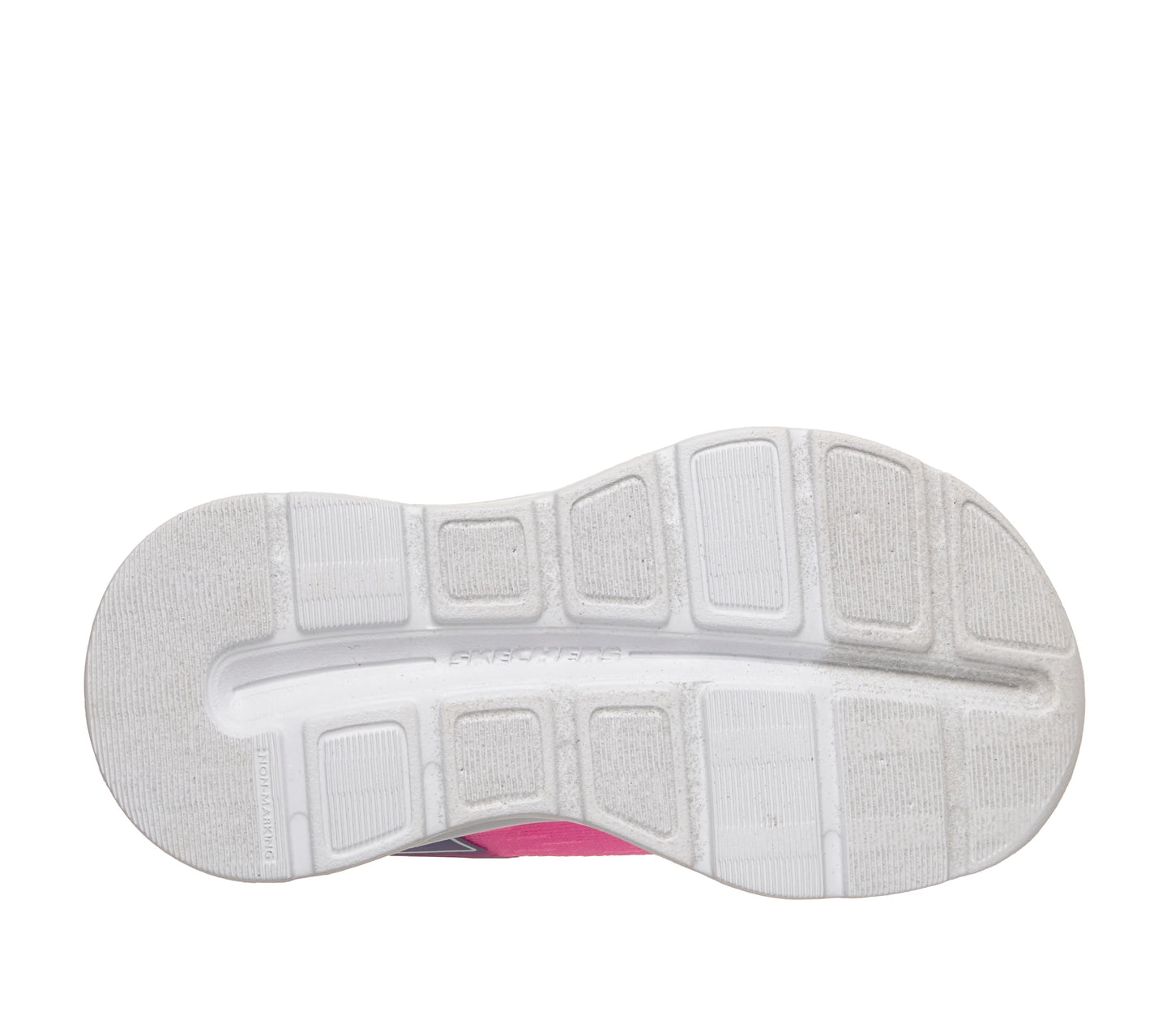 A girls trainer by Skechers, style Glide Step Lights, in pink/multi with lights, elastic laces and velcro strap. View of white sole