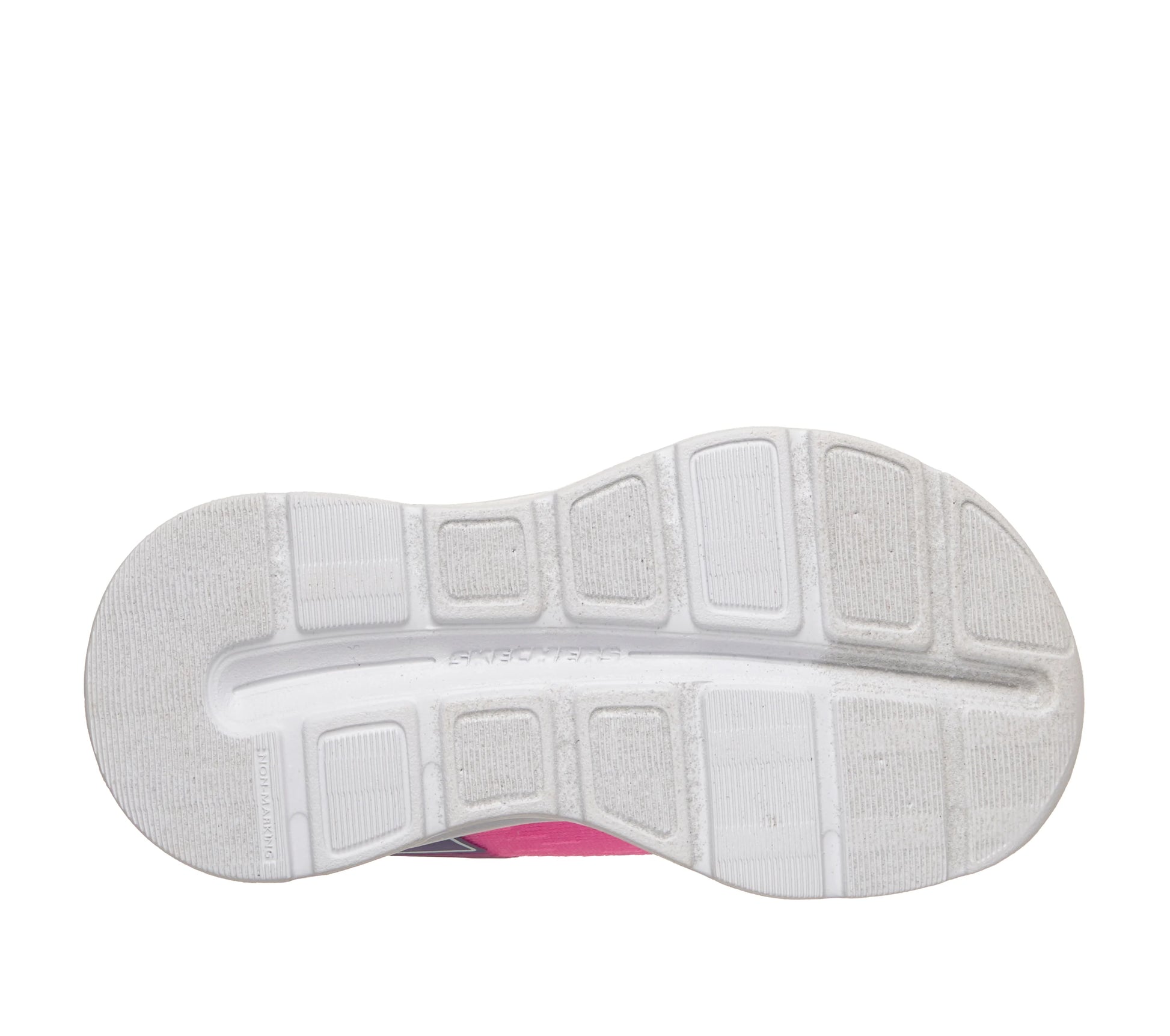 A girls trainer by Skechers, style Glide Step Lights, in pink/multi with lights, elastic laces and velcro strap. View of white sole
