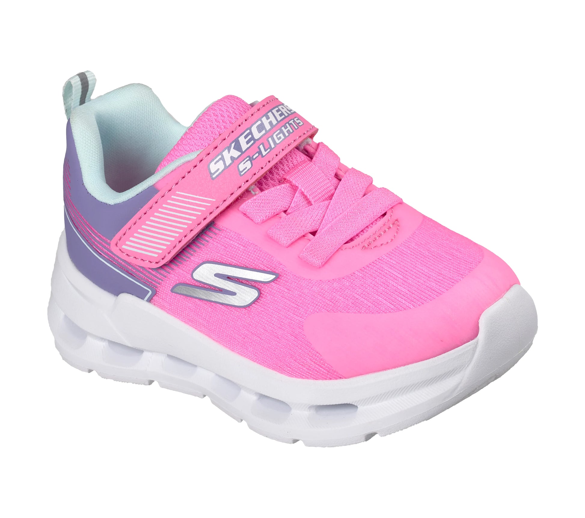 A girls trainer by Skechers, style Glide Step Lights, in pink/multi, with lights, elastic laces and velcro strap. Angled right side view