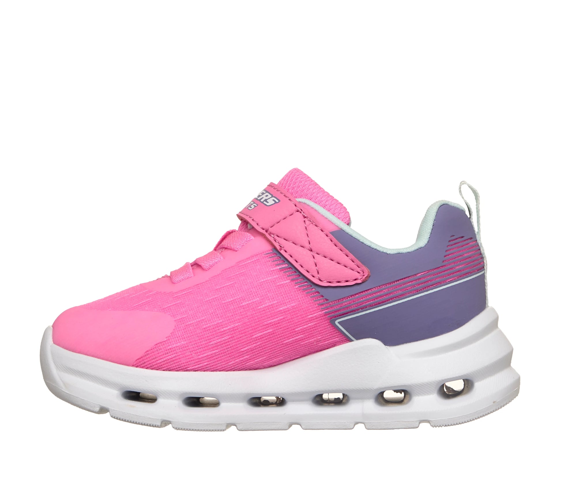 A girls trainer by Skechers, style Glide Step Lights, in pink/multi, with lights, elastic laces and velcro strap. Right inner view