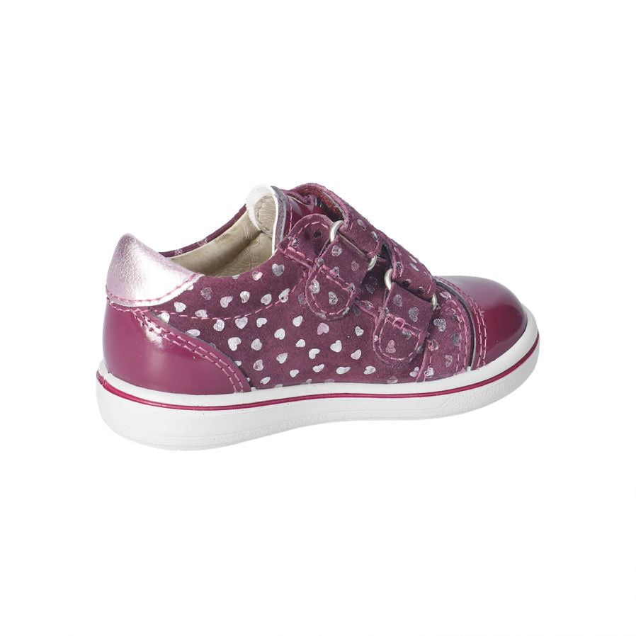 A girls shoe by Ricosta, style Lenie, double velcro in merlot with silver heart print. Left inner side view.