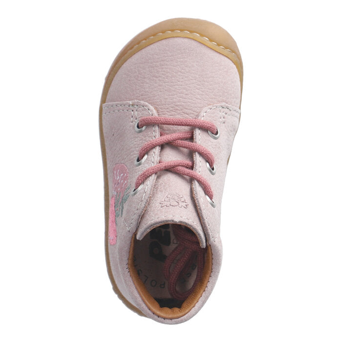 Pink girls ankle boot by Ricosta, style Ebi with strawberry design, pink laces and toe and heel bumpers. Top view