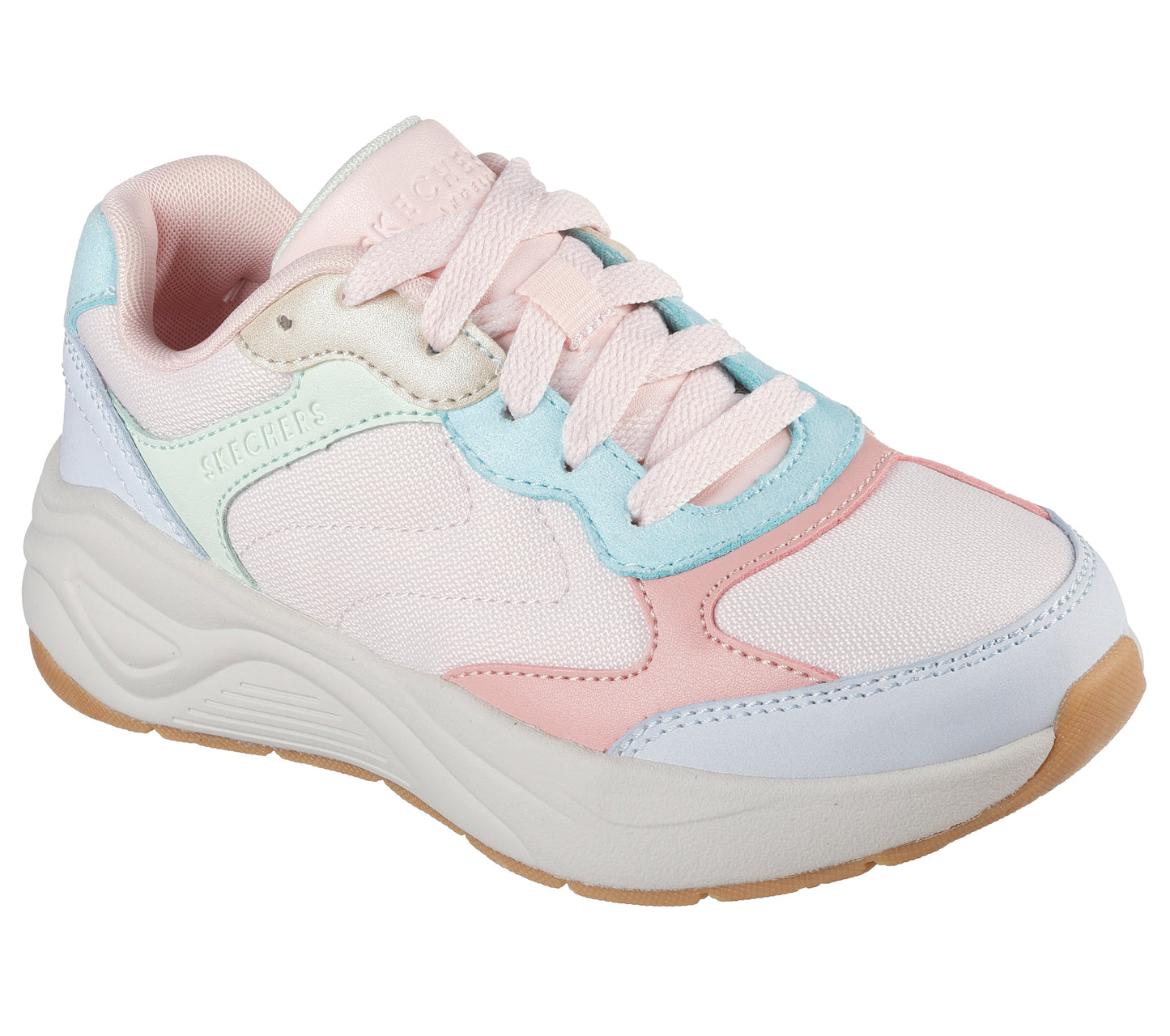 A girls trainer by Skechers, style Nova Jogger 310590L, in light pink multi with lace up fastening. Right side view.
