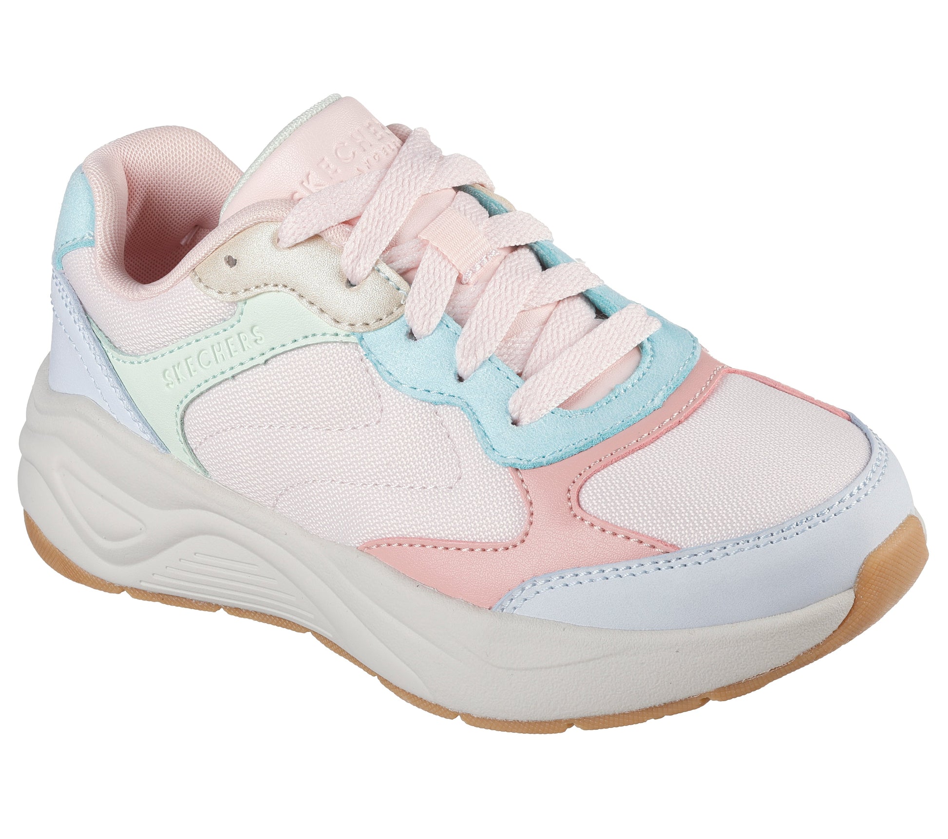 A girls trainer by Skechers, style Nova Jogger 310590L, in light pink multi with lace up fastening. Right side view.