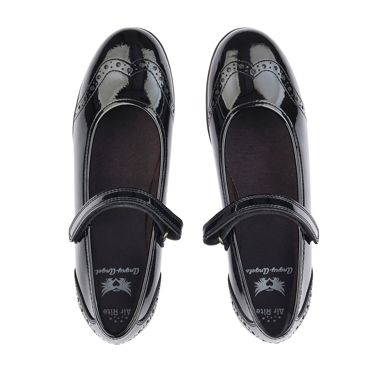 A girls school shoe by StartRite, style Impress in black patent with velcro strap and pattern detail on front and back. Top view of pair