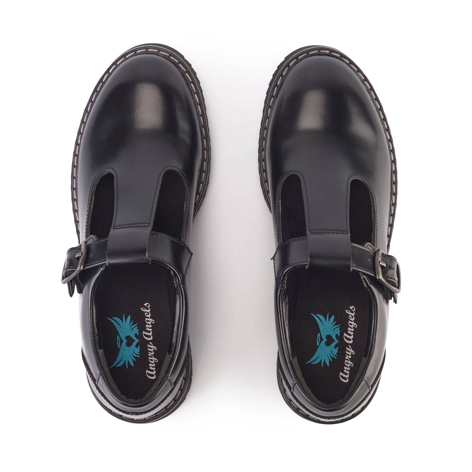A pair of girls T-Bar school shoes by Start-Rite, style Envisage, in black hi shine leather with buckle fastening. Above view.