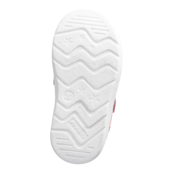 A girls mid-top waterproof boot by Ricosta, style Kito 50 2003202/330, in pale pink with bright pink trim and double Velcro fastening. Sole view.