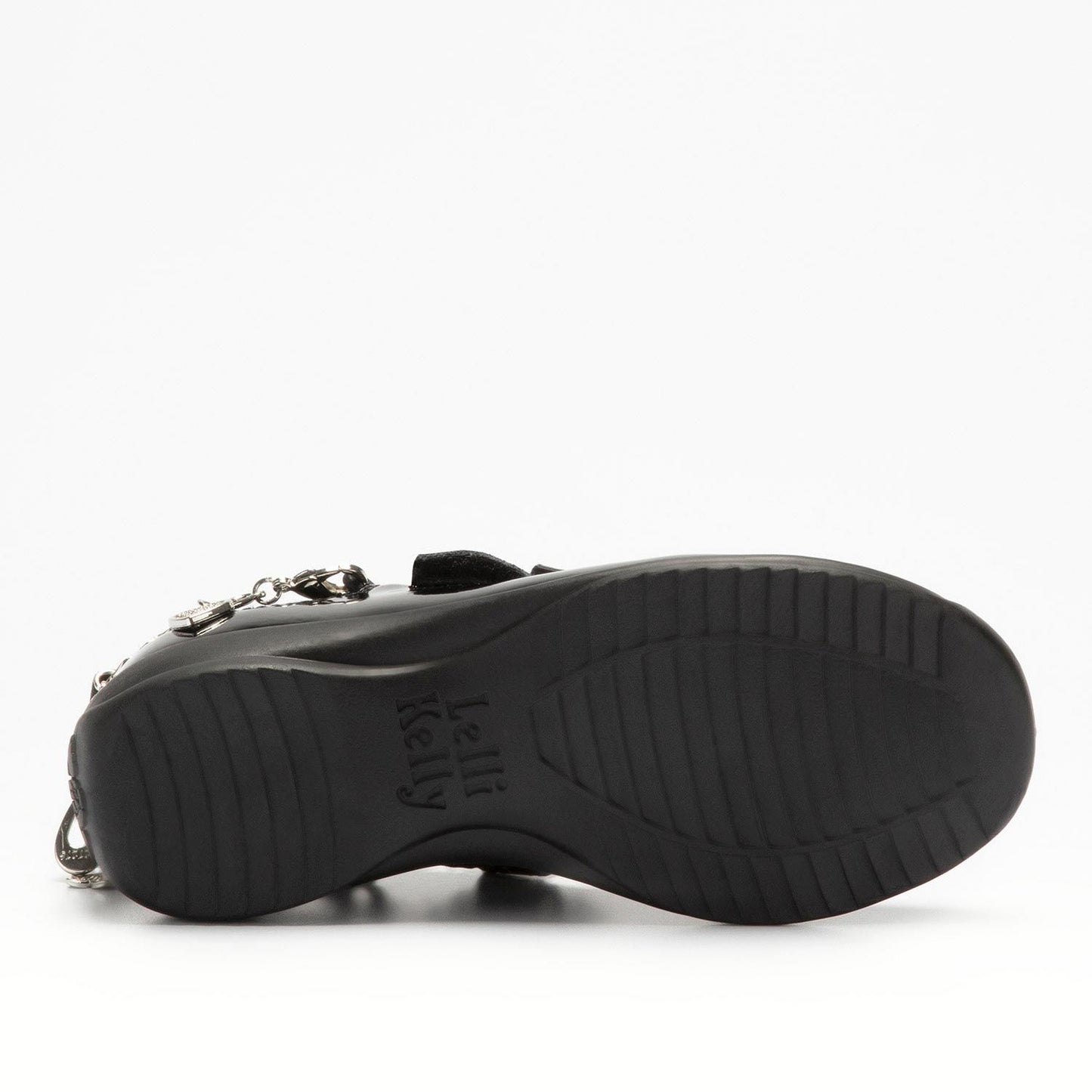 A girls Mary Jane school shoe by Lelli Kelly, style LK8219 Alicia, in black patent leather with velcro fastening and detachable fabric bow and bracelet. View of sole.