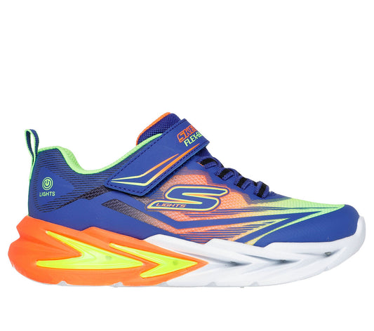 A boys light up trainer by Skechers, style 400139L Flex Glow Ultra, in blue multi with light up sole . Velcro and elastic lace fastening. Right side view.