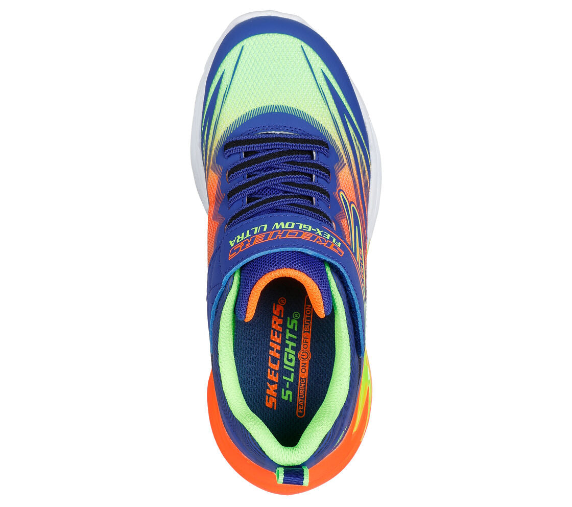 A boys light up trainer by Skechers, style 400139L Flex Glow Ultra, in blue multi with light up sole . Velcro and elastic lace fastening. Above view.