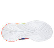 A boys light up trainer by Skechers, style 400139L Flex Glow Ultra, in blue multi with light up sole . Velcro and elastic lace fastening. Sole view.