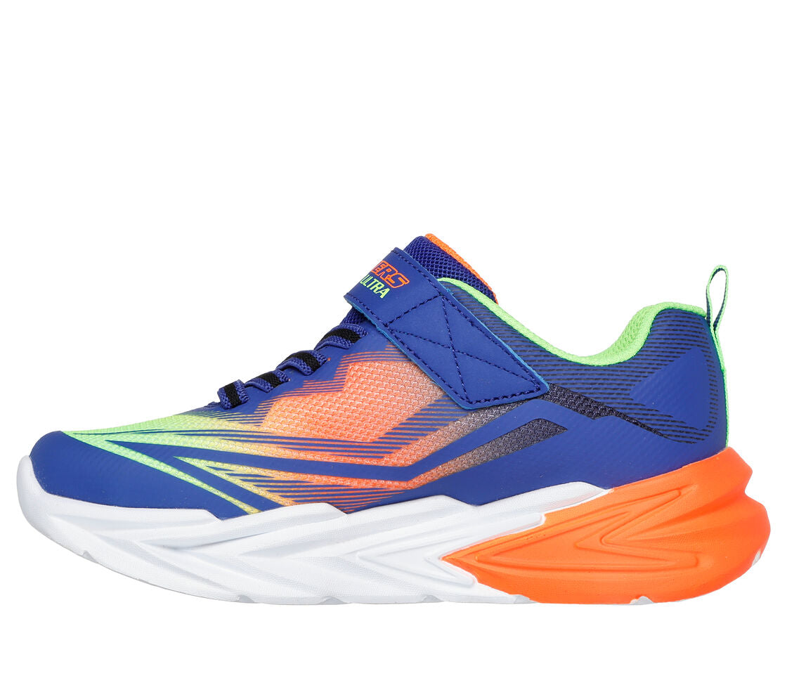 A boys light up trainer by Skechers, style 400139L Flex Glow Ultra, in blue multi with light up sole . Velcro and elastic lace fastening. Left side view.
