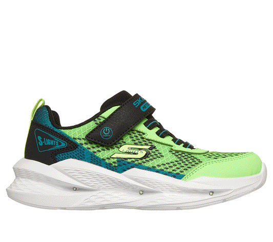 A boys trainer by Skechers, style Meteor Lights 2.0 in green/blue with velcro strap and elastic laces, logo on side and lights in sole. Right side view with flashing lights animation