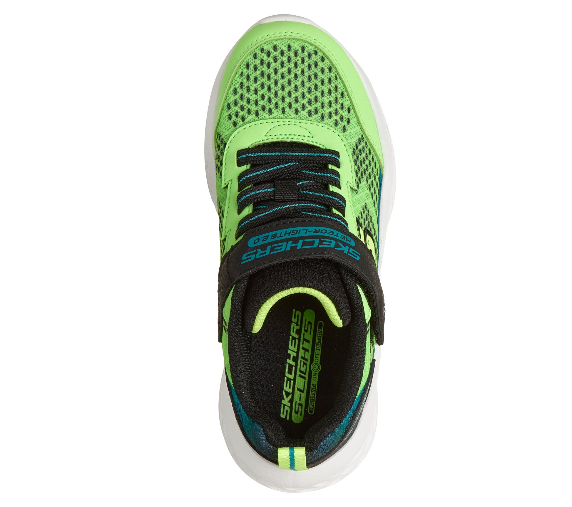 A boys trainer by Skechers, style Meteor Lights 2.0 in green/blue with velcro strap and elastic laces, logo on side and lights in sole. Top view