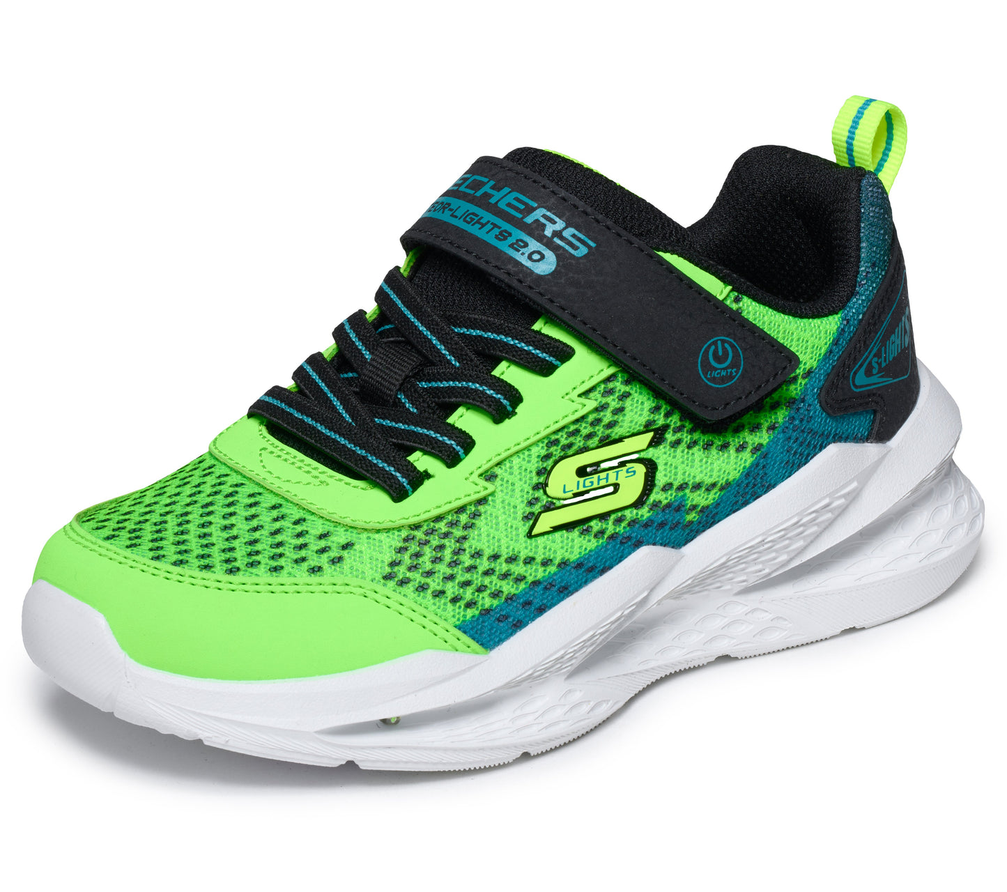 A boys trainer by Skechers, style Meteor Lights 2.0 in green/blue with velcro strap and elastic laces, logo on side and lights in sole. Angled side view