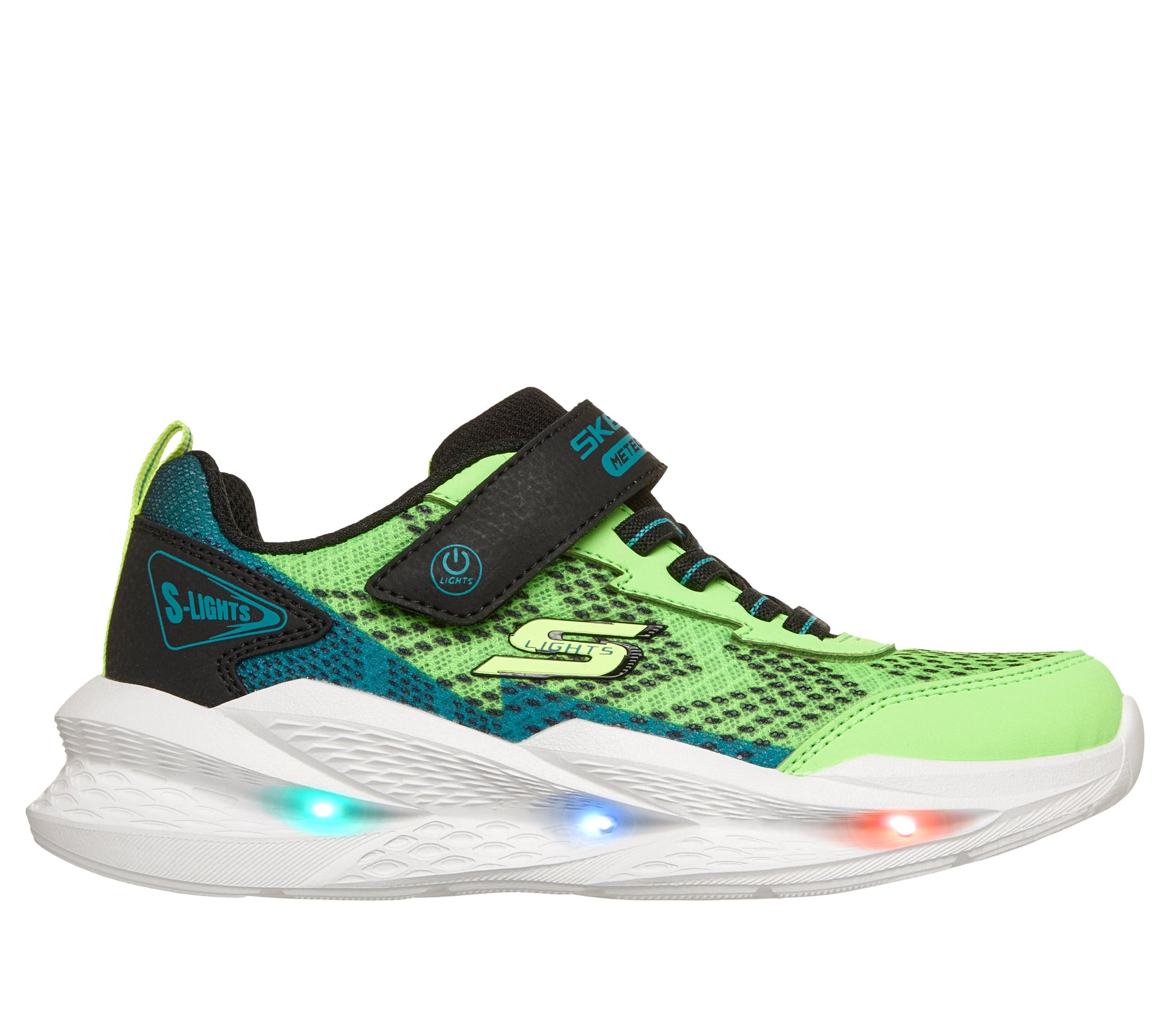 A boys trainer by Skechers, style Meteor Lights 2.0 in green/blue with velcro strap and elastic laces, logo on side and lights in sole. Right side view