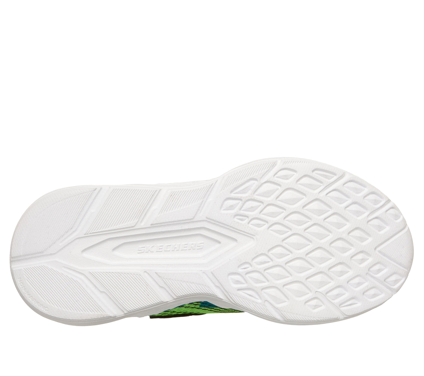 A boys trainer by Skechers, style Meteor Lights 2.0 in green/blue with velcro strap and elastic laces, logo on side and lights in sole. View of sole