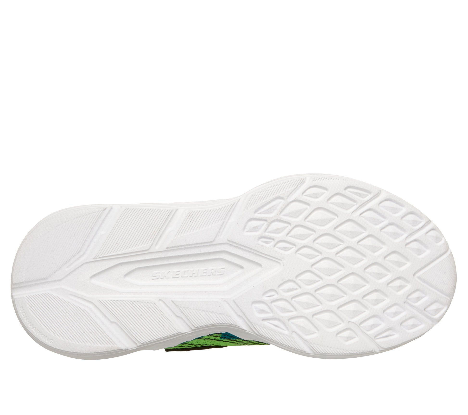 A boys trainer by Skechers, style Meteor Lights 2.0 in green/blue with velcro strap and elastic laces, logo on side and lights in sole. View of sole
