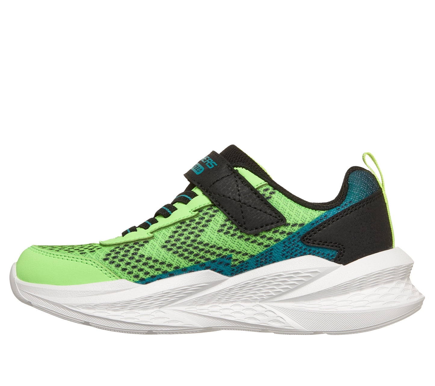 A boys trainer by Skechers, style Meteor Lights 2.0 in green/blue with velcro strap and elastic laces, logo on side and lights in sole. Inner right side view