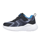 A boys light up trainer by Skechers, style Tri-Namics, in black yellow and blue synthetic with bungee lace and velcro fastening. Left side view.