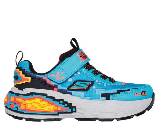 A boys trainer by Skechers, style 402160L Mega Craft 4K, in blue and black multi. Velcro and elastic lace fastening. Right side view.