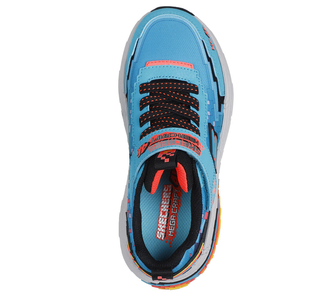 A boys trainer by Skechers, style 402160L Mega Craft 4K, in blue and black multi. Velcro and elastic lace fastening. View from above.