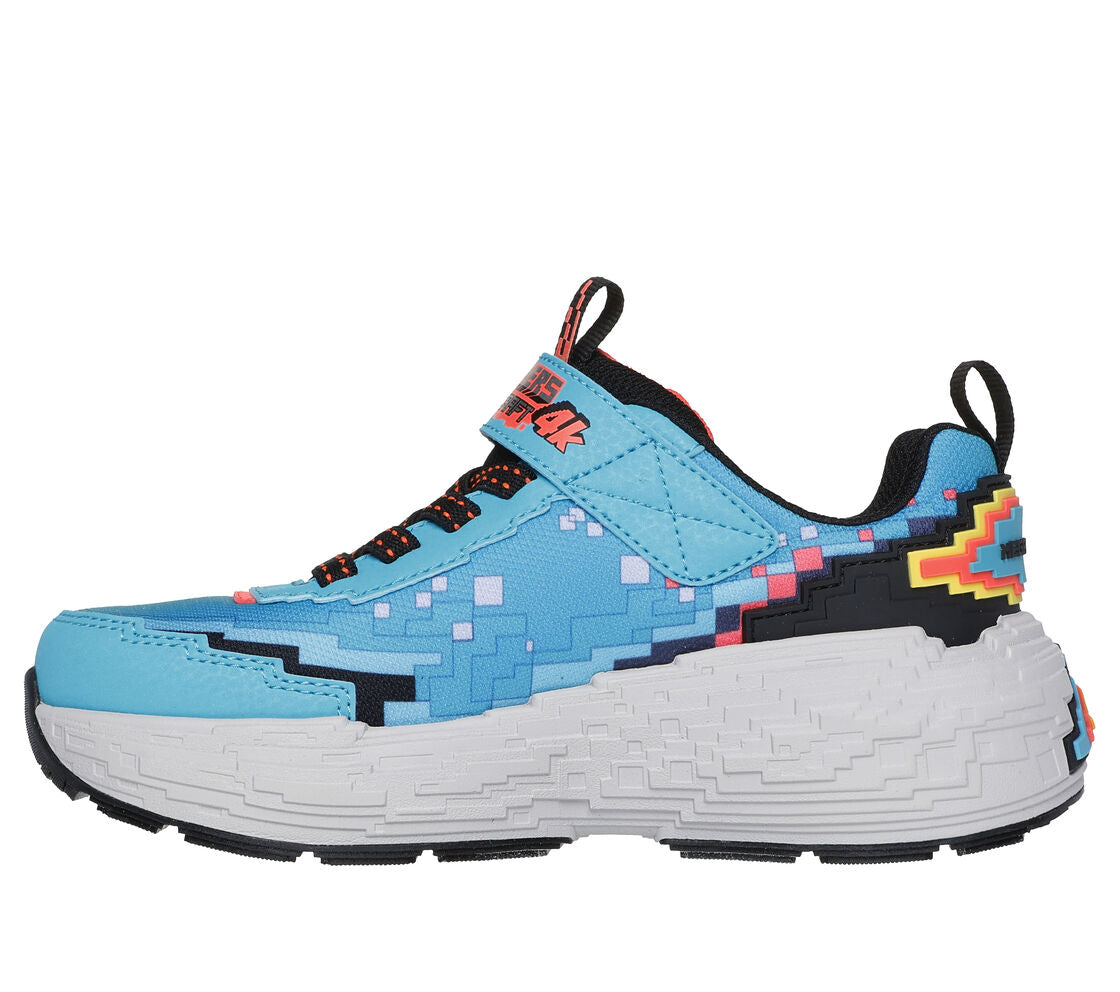 A boys trainer by Skechers, style 402160L Mega Craft 4K, in blue and black multi. Velcro and elastic lace fastening. Left side view.