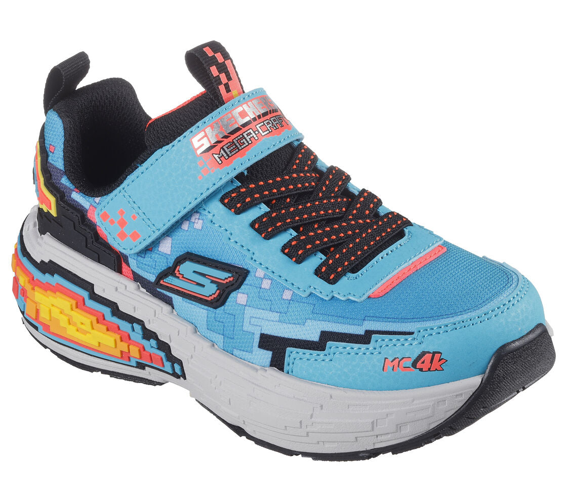 A boys trainer by Skechers, style 402160L Mega Craft 4K, in blue and black multi. Velcro and elastic lace fastening.  Angled view.