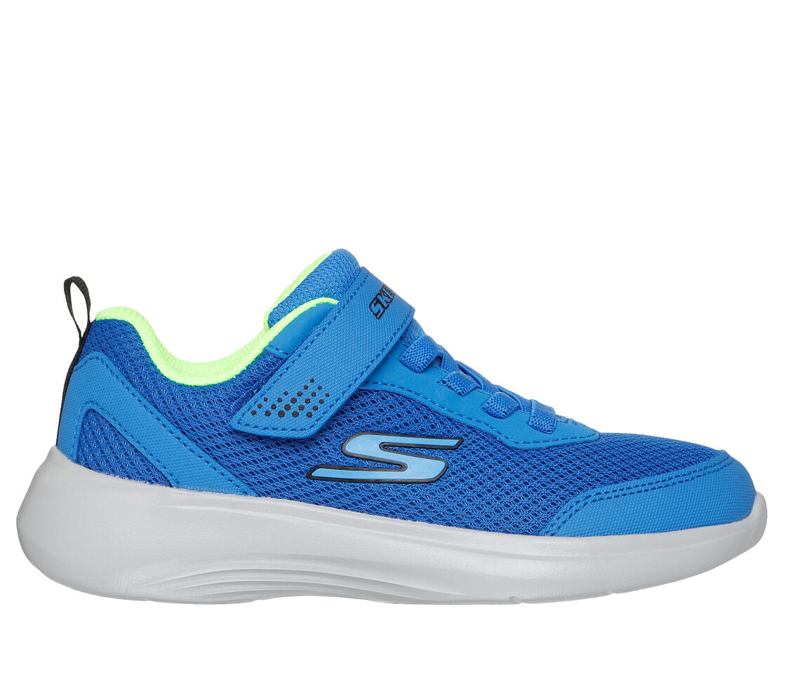 A boys trainer by Skechers, style 403615L Blu Selectors, in blue with velcro and elastic lace fastening. Right side view.