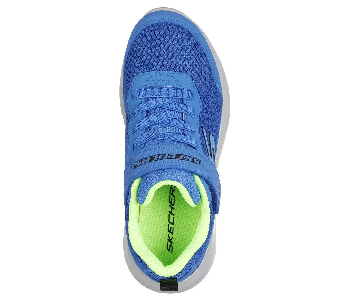 A boys trainer by Skechers, style 403615L Blu Selectors, in blue with velcro and elastic lace fastening. Above view.