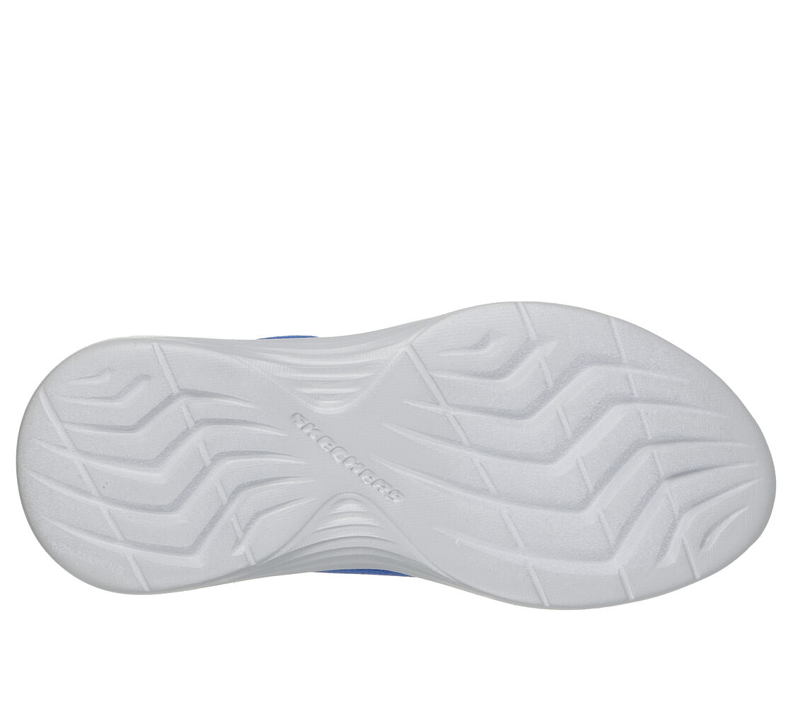 A boys trainer by Skechers, style 403615L Blu Selectors, in blue with velcro and elastic lace fastening. Sole view.