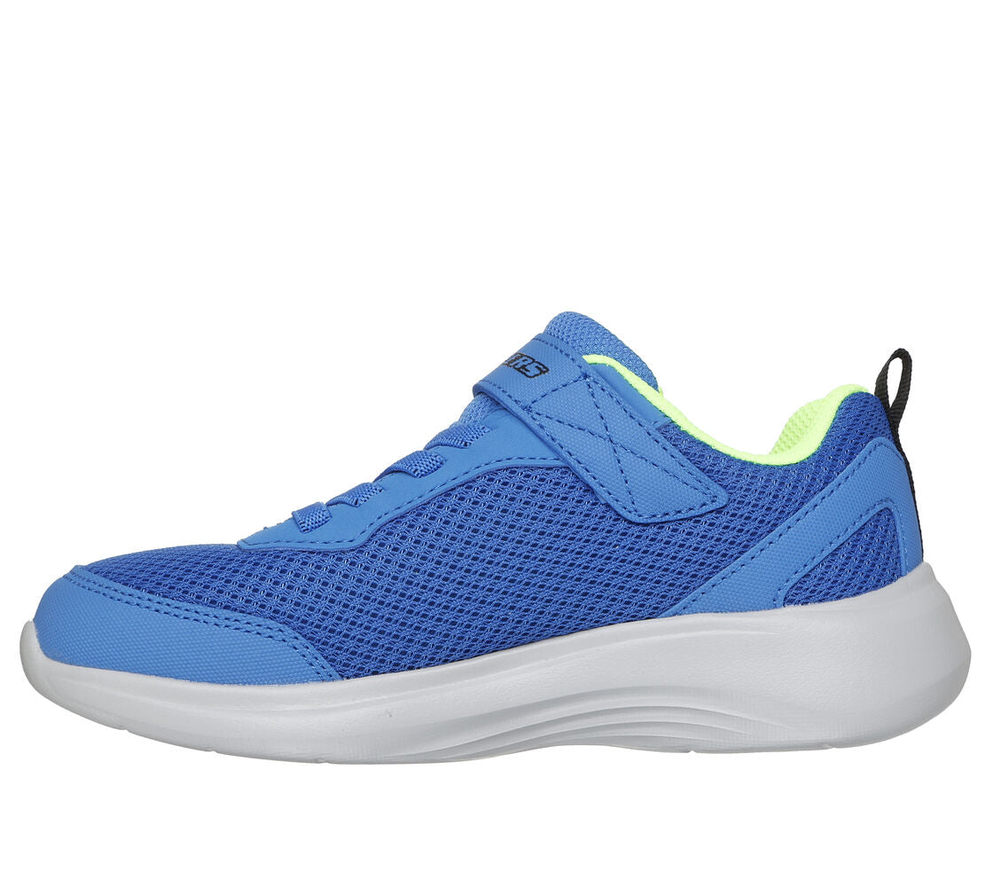 A boys trainer by Skechers, style 403615L Blu Selectors, in blue with velcro and elastic lace fastening. Left side view.