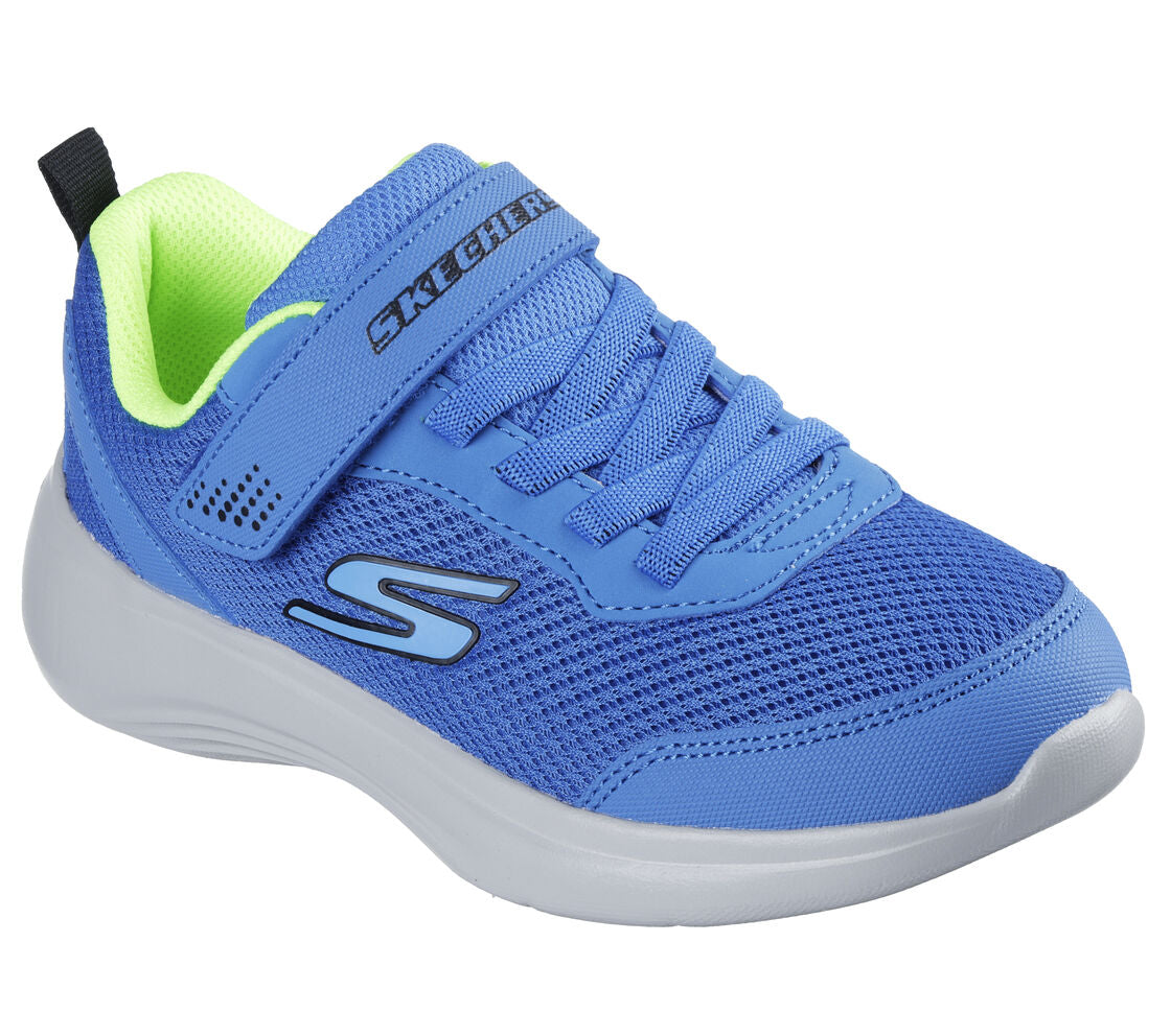 A boys trainer by Skechers, style 403615L Blu Selectors, in blue with velcro and elastic lace fastening. Angled view.