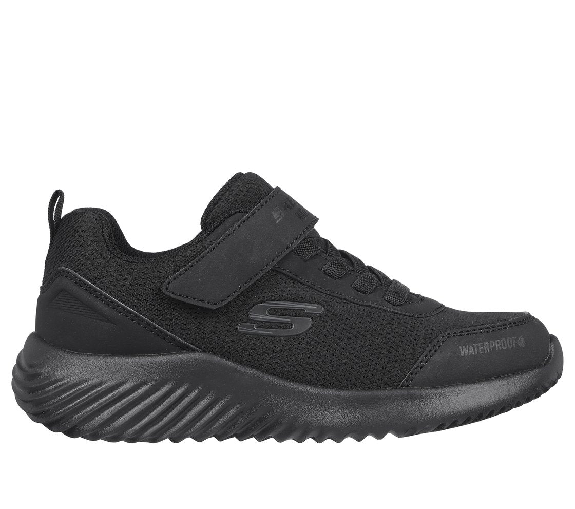 A waterproof  unisex trainer by Skechers, style Bounder Dripper Drop, in black synthetic with single velcro fastening. Right side view.