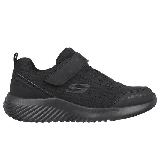 A waterproof  unisex trainer by Skechers, style Bounder Dripper Drop, in black synthetic with single velcro fastening. Right side view.