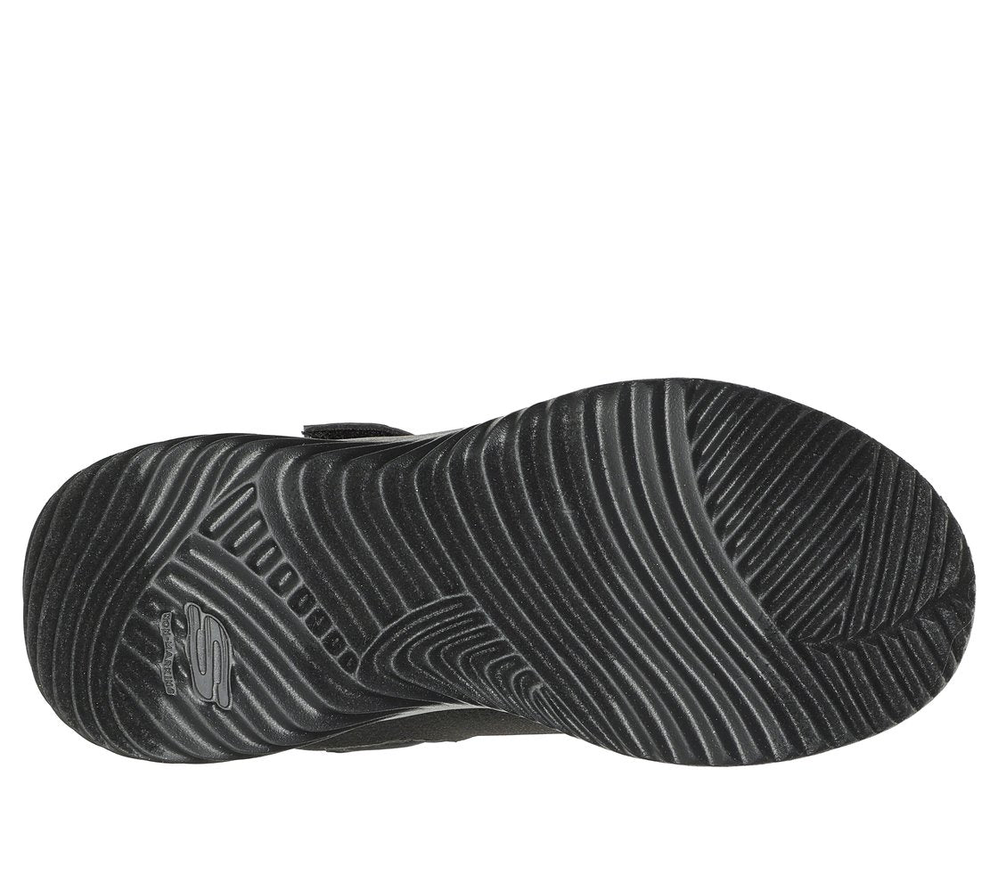 A waterproof  unisex trainer by Skechers, style Bounder Dripper Drop, in black synthetic with single velcro fastening. View of sole.