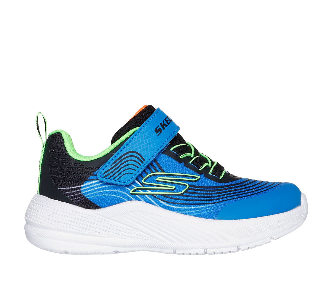 A boys trainer by Skechers, style 403926N Microspec Advance, in blue, lime and black with velcro and elastic lace fastening.  Right side view.