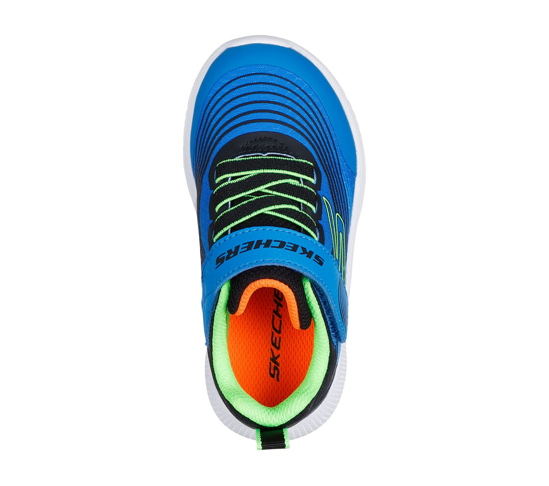 A boys trainer by Skechers, style 403926N Microspec Advance, in blue, lime and black with velcro and elastic lace fastening. View from above.