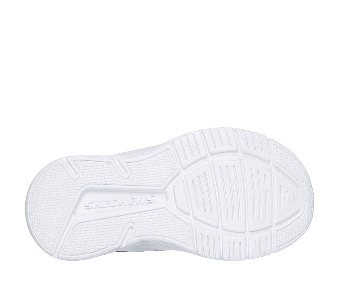 A boys trainer by Skechers, style 403926N Microspec Advance, in blue, lime and black with velcro and elastic lace fastening. Sole view.