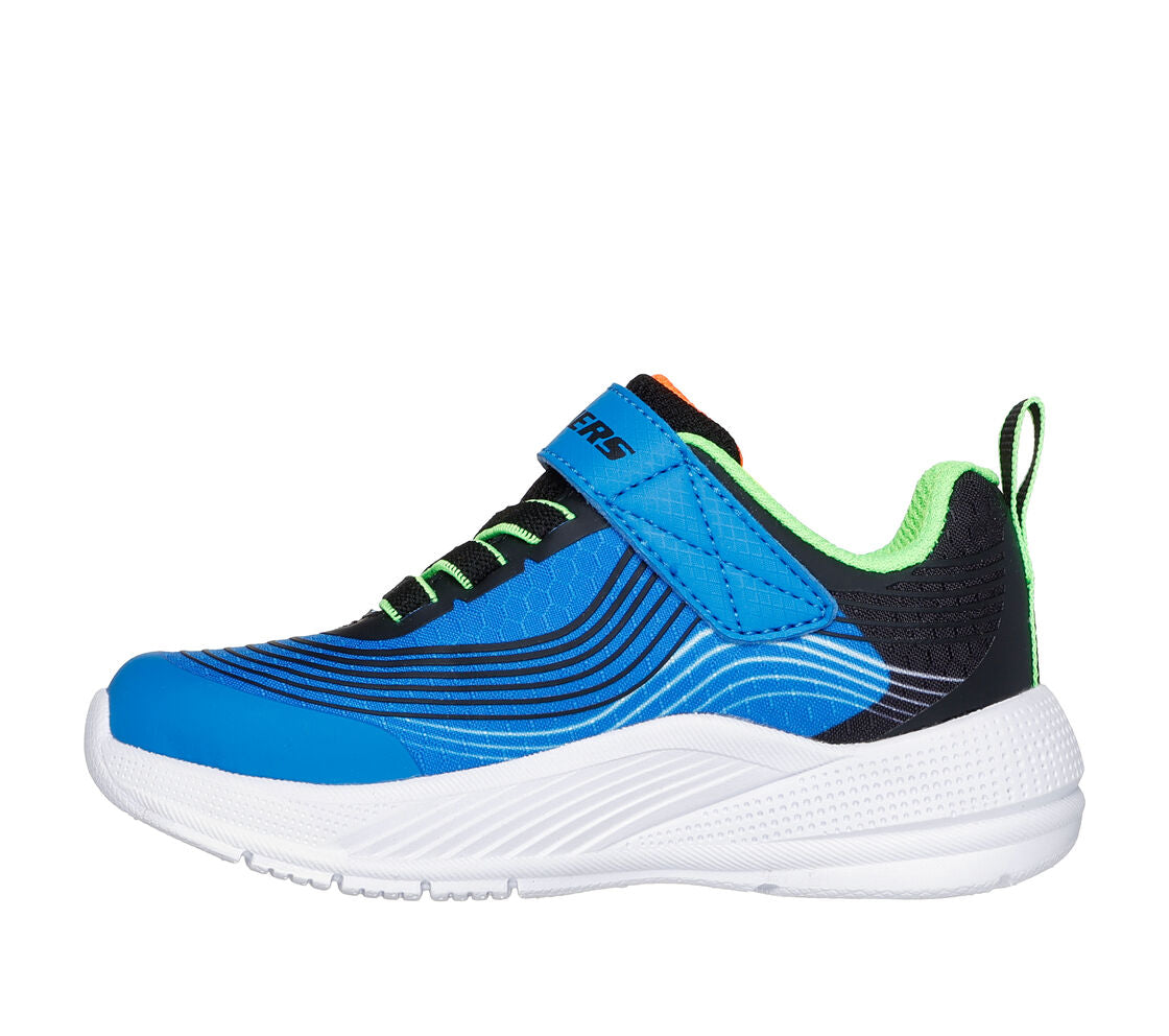 A boys trainer by Skechers, style 403926N Microspec Advance, in blue, lime and black with velcro and elastic lace fastening. Left side view.
