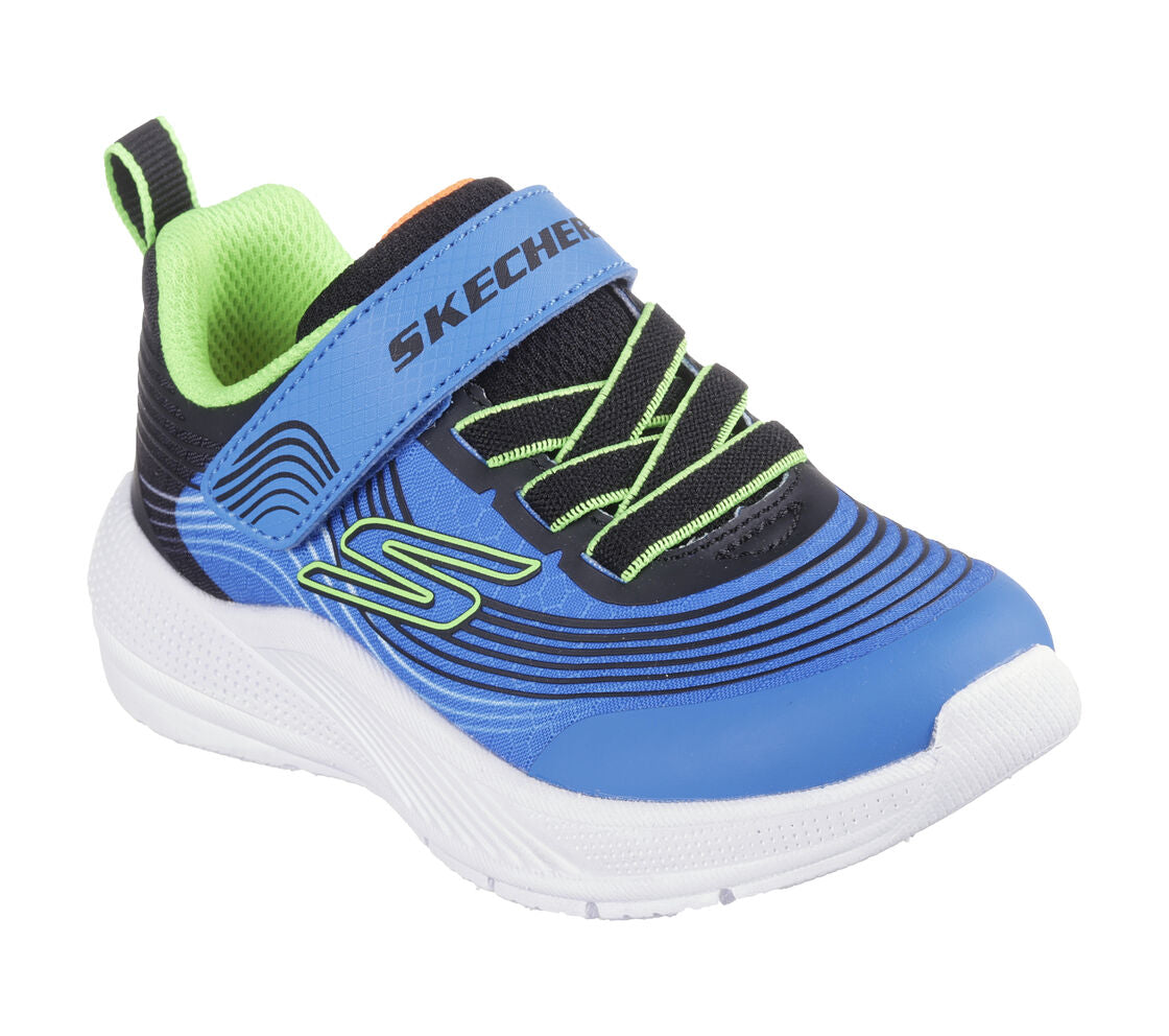 A boys trainer by Skechers, style 403926N Microspec Advance, in blue, lime and black with velcro and elastic lace fastening. Angled view.